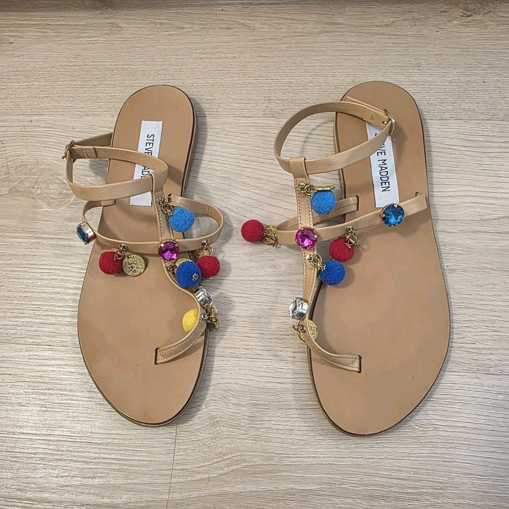 Steve Madden Tan Colorful Pom Pom Charms Gem Vibrant Strappy Sandals Size 8